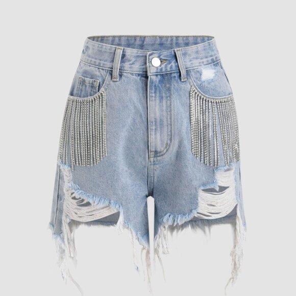 CIDER DIAMOND TASSELS RIPPED DENIM SHORTS - Picture 5 of 5
